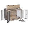 Furniture Style Dog Crate Side Table With Rotatable Feeding Bowl, Wheels, Three Doors, Flip-Up Top Opening. Indoor, Grey, 43.7"W x 30"D x 33.7"H