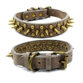 Retro Studded Spiked Rivet Large Dog Pet Leather Collar Pit Bull S-XL (Option: Gray-XL)